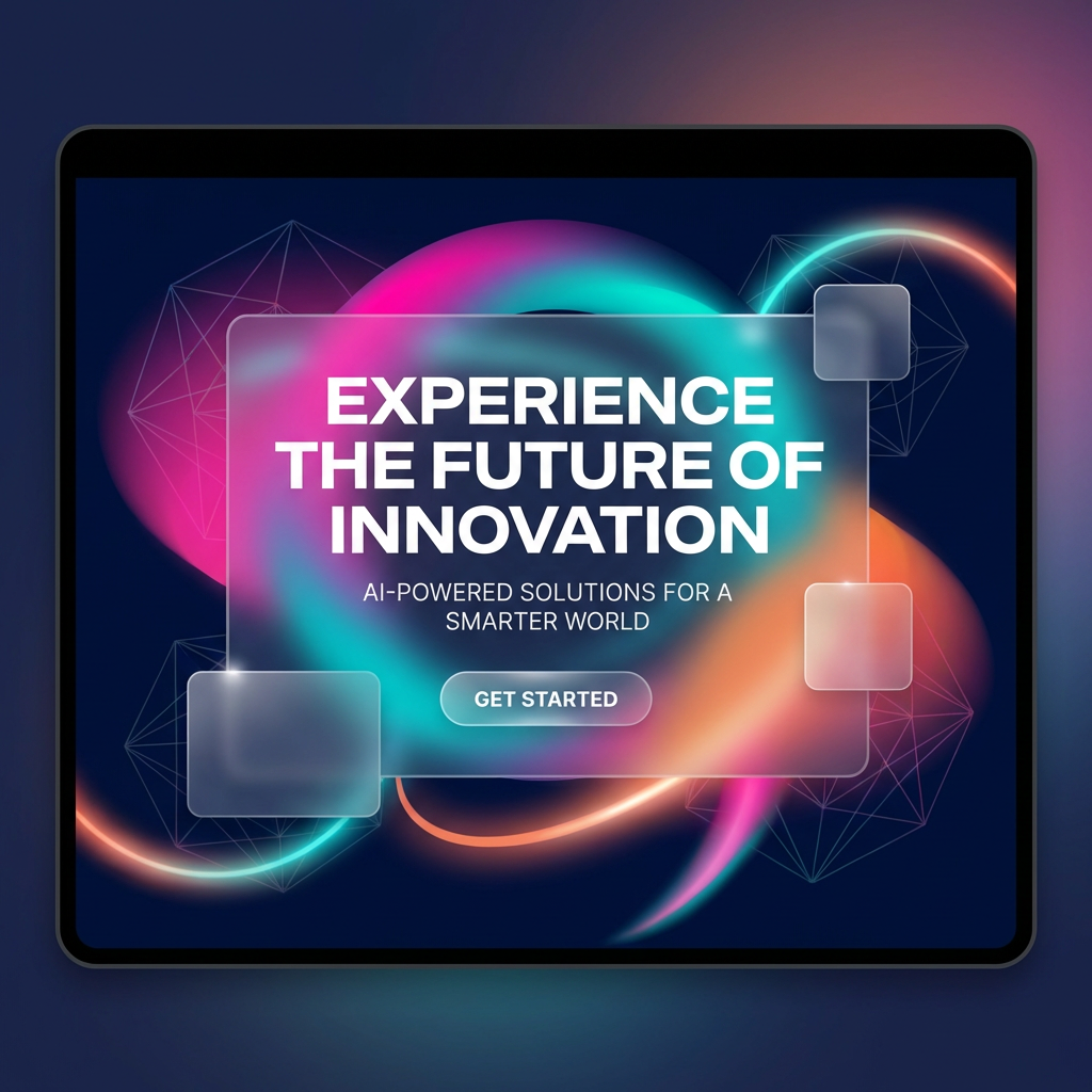 AI art for web design hero banner with vibrant gradient shapes and glassmorphism UI on a navy background