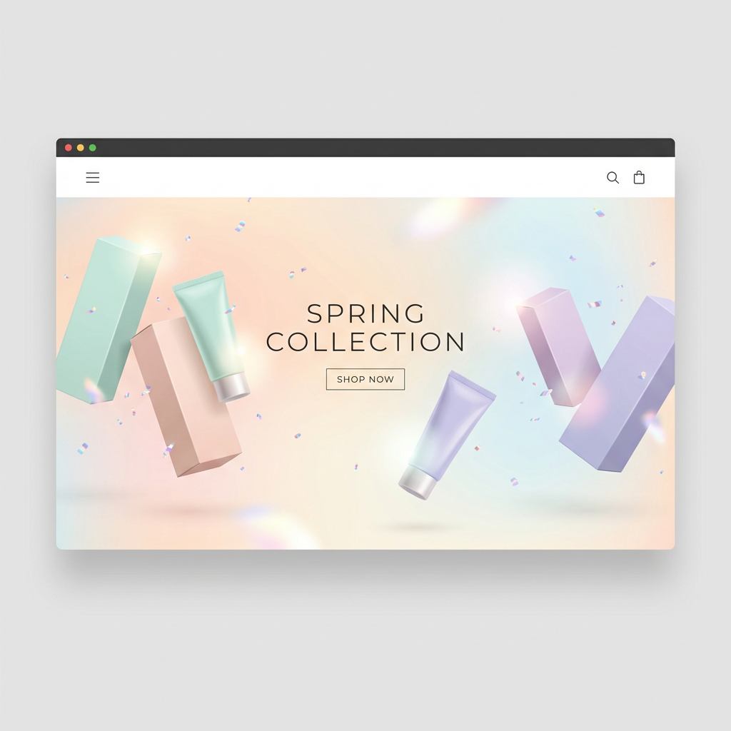 AI-generated e-commerce web design banner with floating 3D product packaging and pastel gradient background