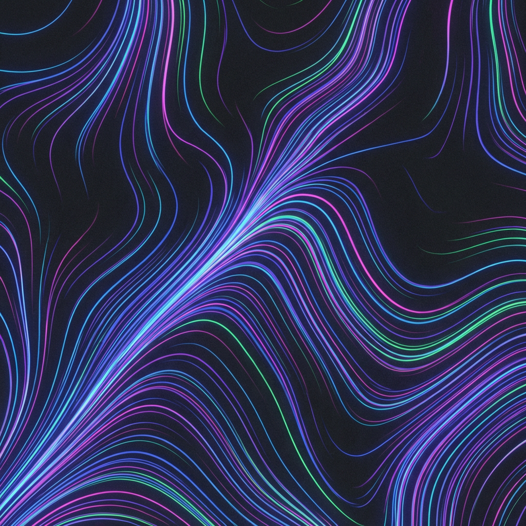 AI art abstract section background for web design with flowing organic curves and neon gradient lines on dark background