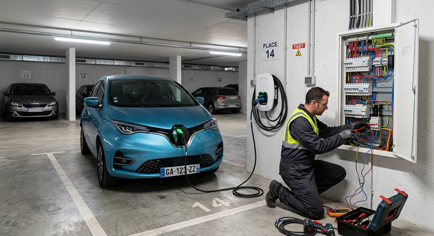 Installation professionnelle d'une borne de recharge électrique IRVE en copropriété avec un véhicule en charge et un installateur actif