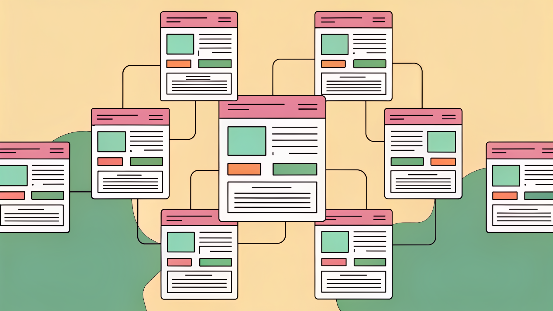Diagram showing a central pillar content piece with multiple supporting cluster articles linked around it, forming a strong content ecosystem.