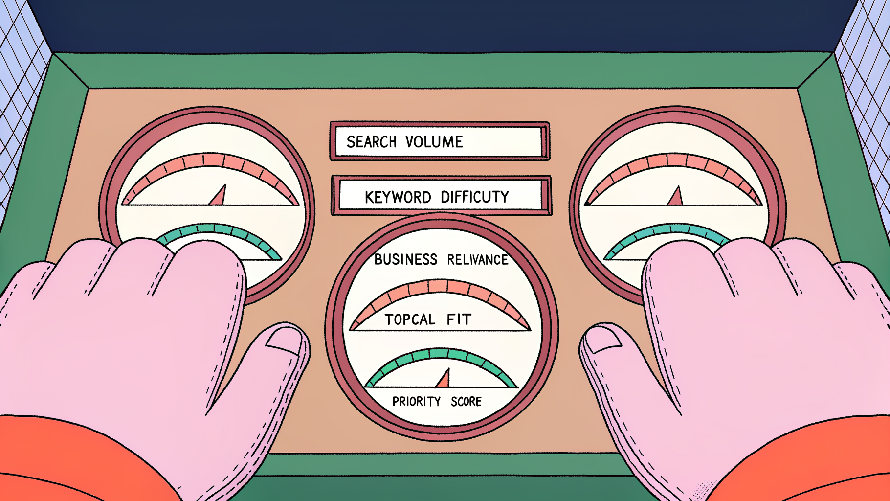 Illustration of a prioritization dashboard with metrics for search volume, keyword difficulty, business relevance, and topical fit.