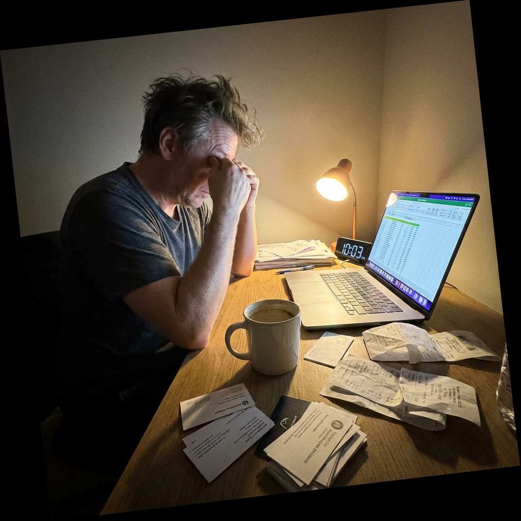 A tired small business owner at a messy desk with a pile of business cards, a half-empty coffee cup, and a laptop open to a spreadsheet at 10 PM.