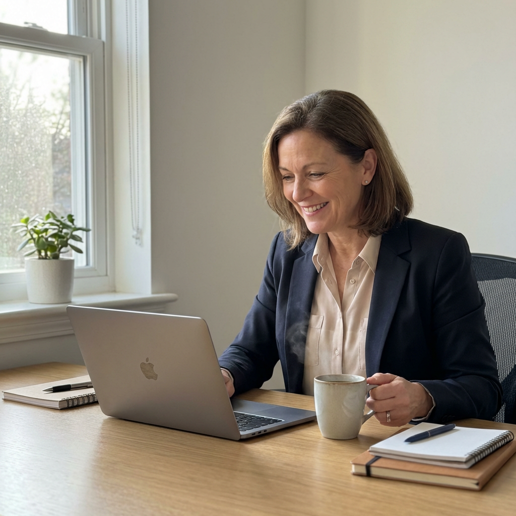 A smiling business owner at a clean desk, reviewing their laptop with a fresh cup of coffee, morning light streaming in.
