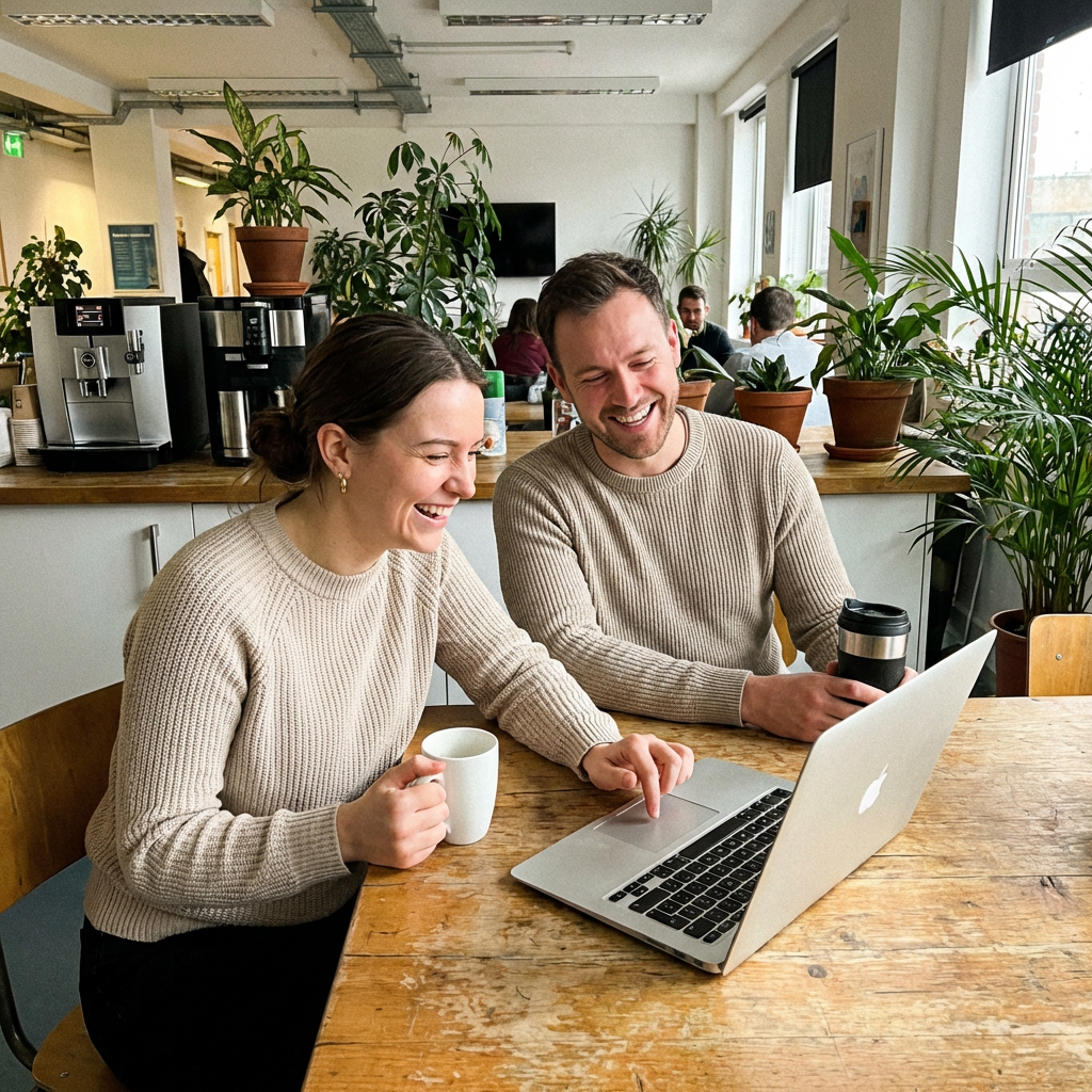 Two coworkers laughing while reviewing results on a laptop in a casual office break room, coffee cups in hand.