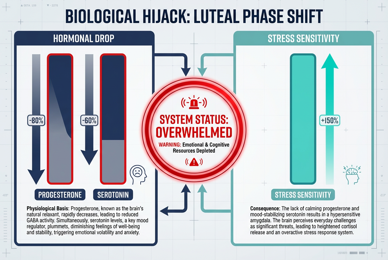 An infographic showing the drop in progesterone and serotonin levels during the luteal phase, leading to high stress sensitivity and overwhelm.