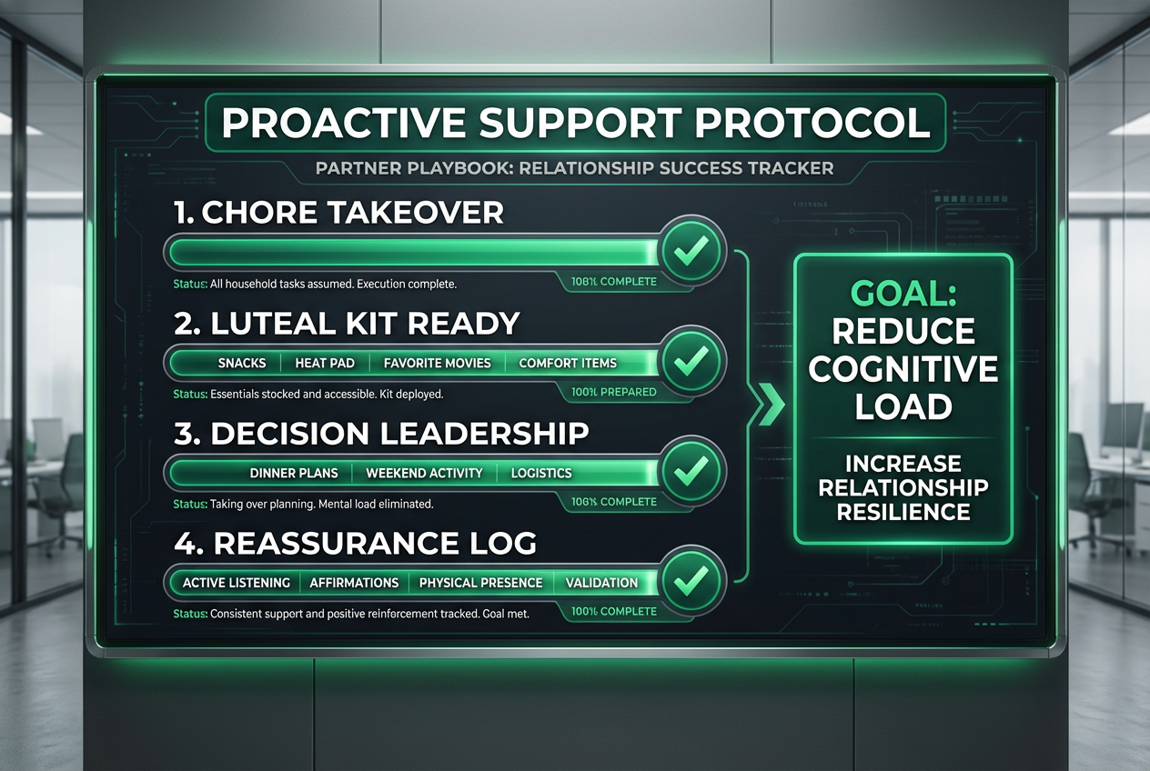 A tactical support protocol graphic listing chore takeover, luteal kits, and decision leadership as ways to reduce a partner's cognitive load.