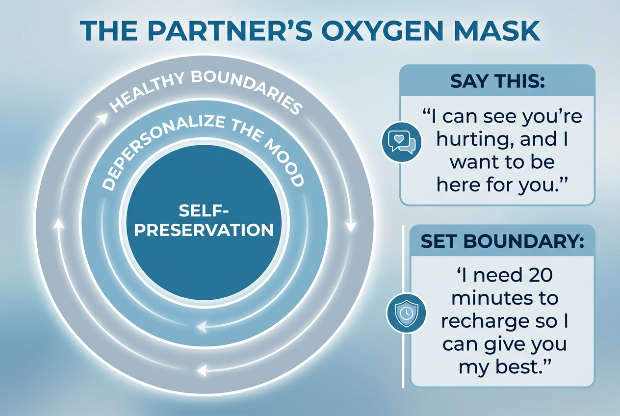 A relationship boundary framework showing the concentric layers of self-preservation, depersonalization, and healthy boundaries for partners.