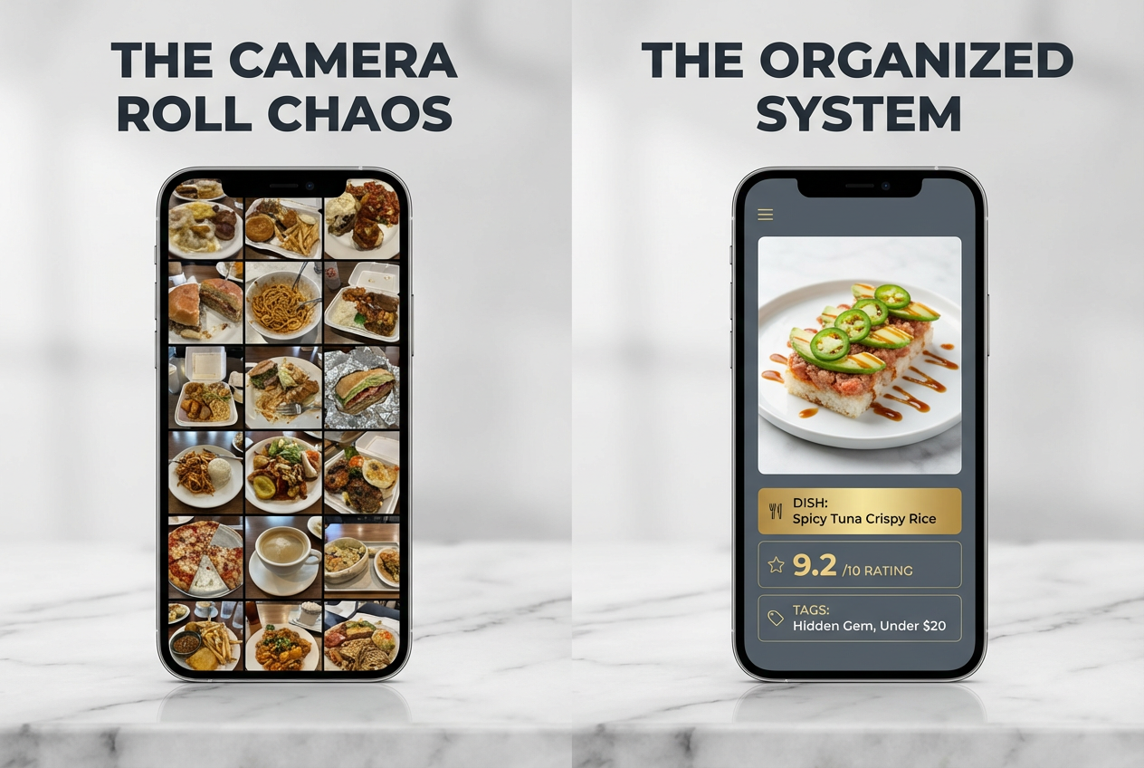 Comparison of a cluttered smartphone camera roll versus a structured food tracking app interface for organizing restaurant reviews and photos.