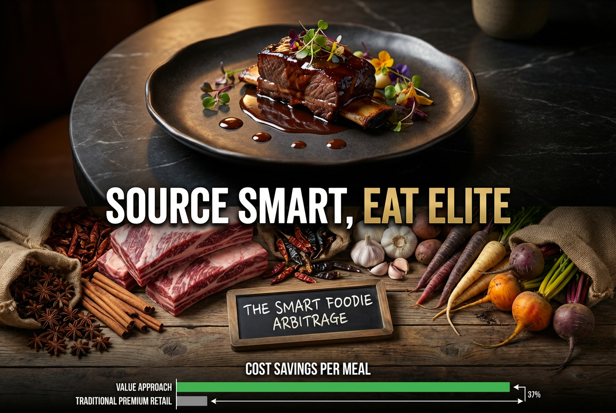 Split image showing raw bulk grocery ingredients next to a gourmet plated meal, illustrating cost-effective sourcing for high-end home cooking.