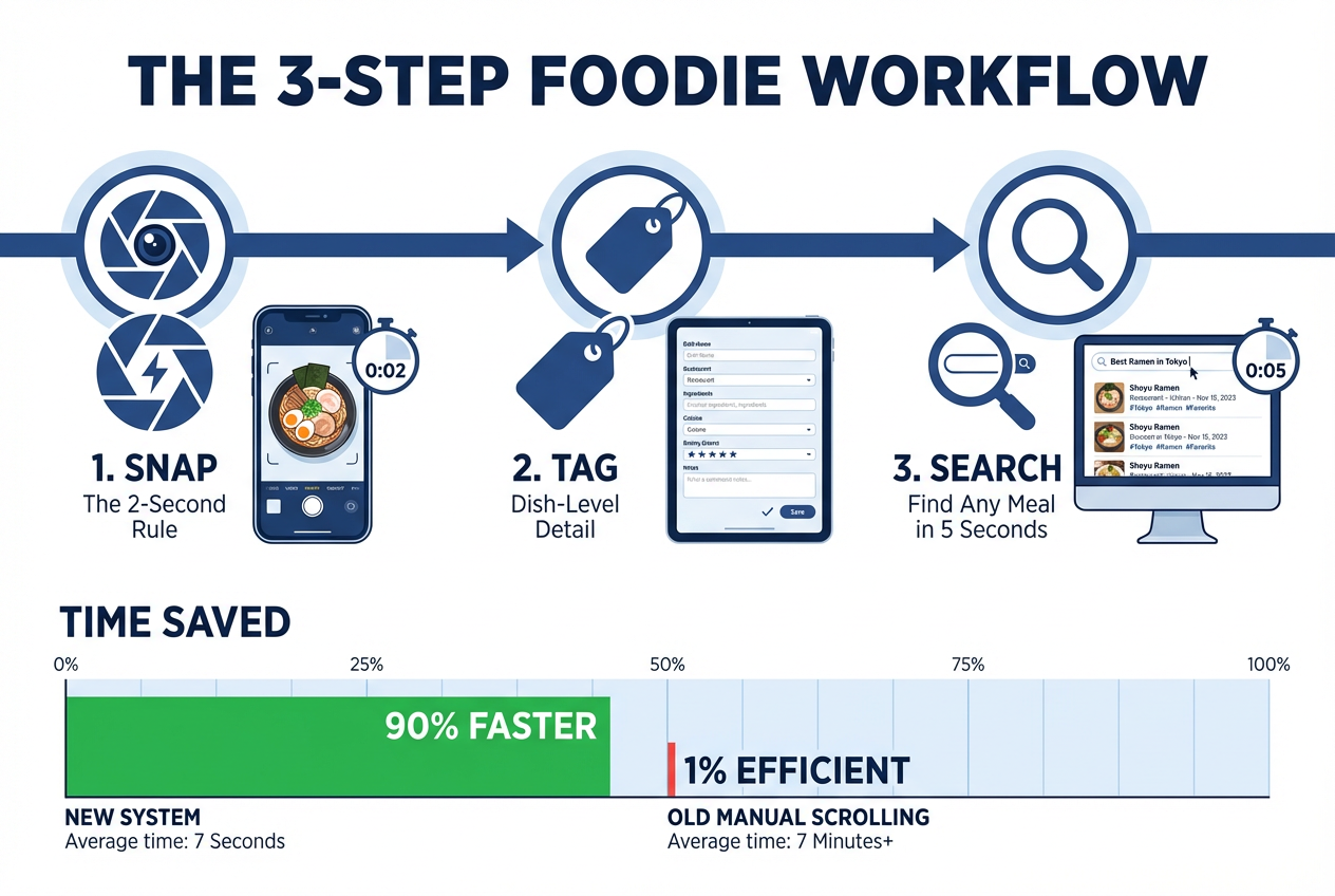 Infographic showing a three-step workflow for food tracking: snap a photo, tag dish details, and use search functions to find recommendations.