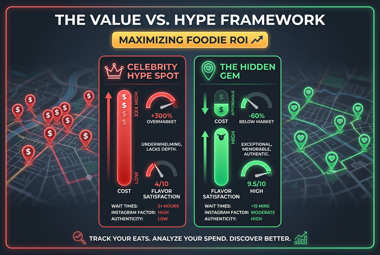 Comparison chart showing the value of hidden gem restaurants versus overhyped celebrity spots based on cost and flavor satisfaction metrics.