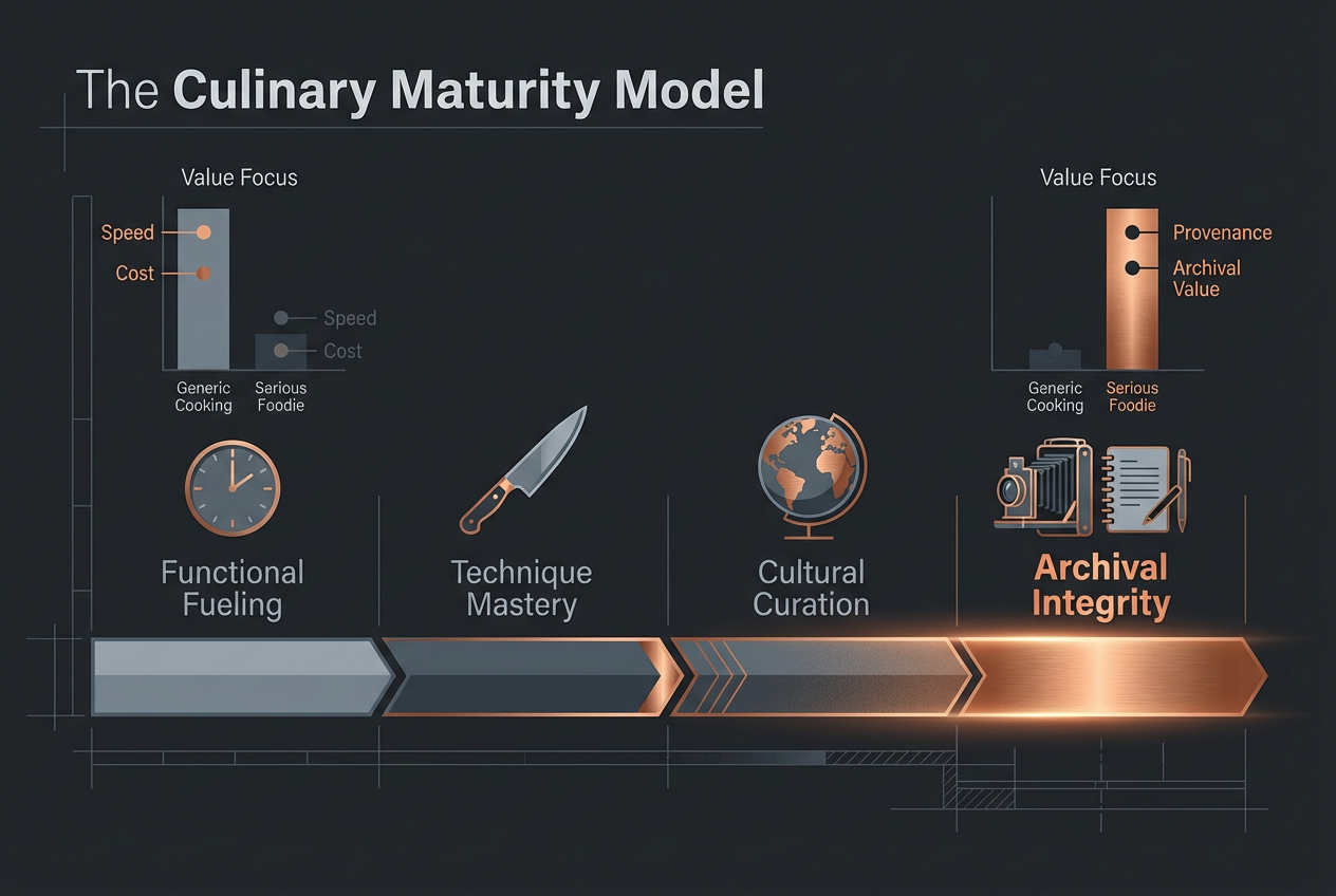 Infographic showing the culinary maturity model for serious foodies, progressing from basic meal prep to archival integrity and cultural curation.