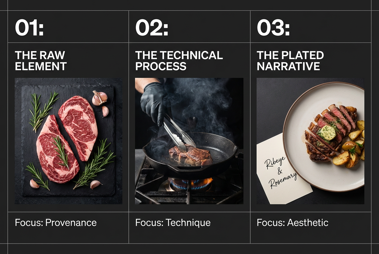 A three-part visual guide explaining the 3-photo rule for documenting dinner ideas: raw ingredients, the cooking process, and the final plated dish.