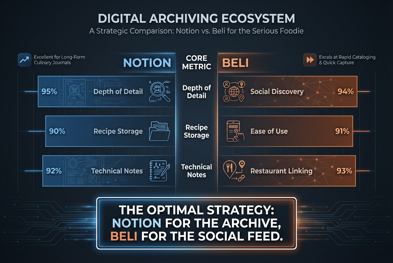 A comparison bar chart showing the strengths of Notion versus Beli for organizing dinner ideas and personal culinary archives.