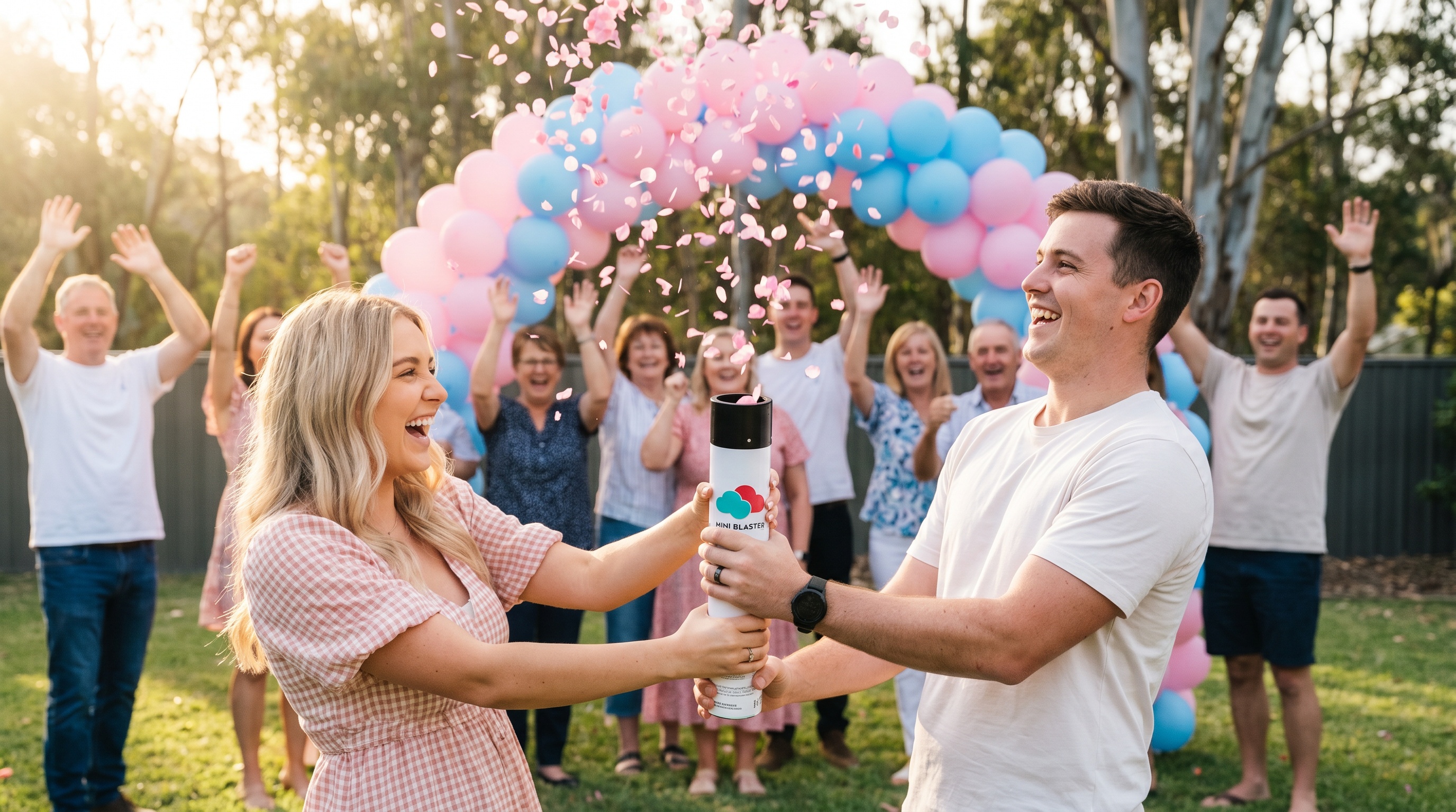 Australian couple holding gender reveal confetti cannon at outdoor party with pink confetti explosion