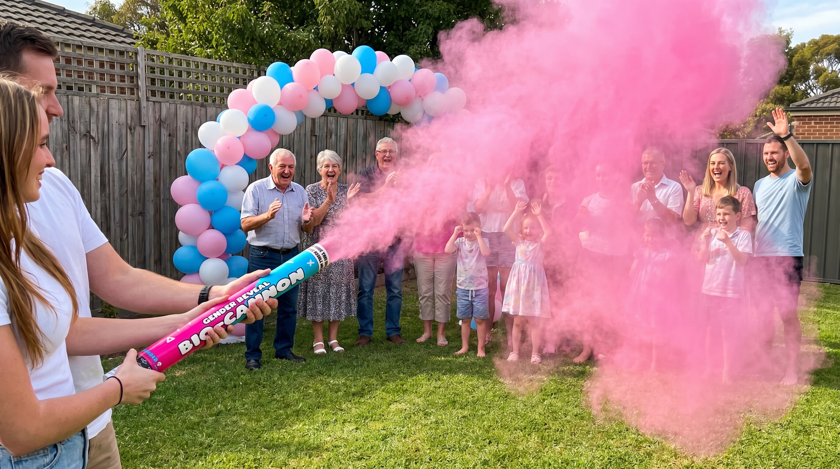 Gender reveal cannon shooting blue powder across Australian backyard party with family watching