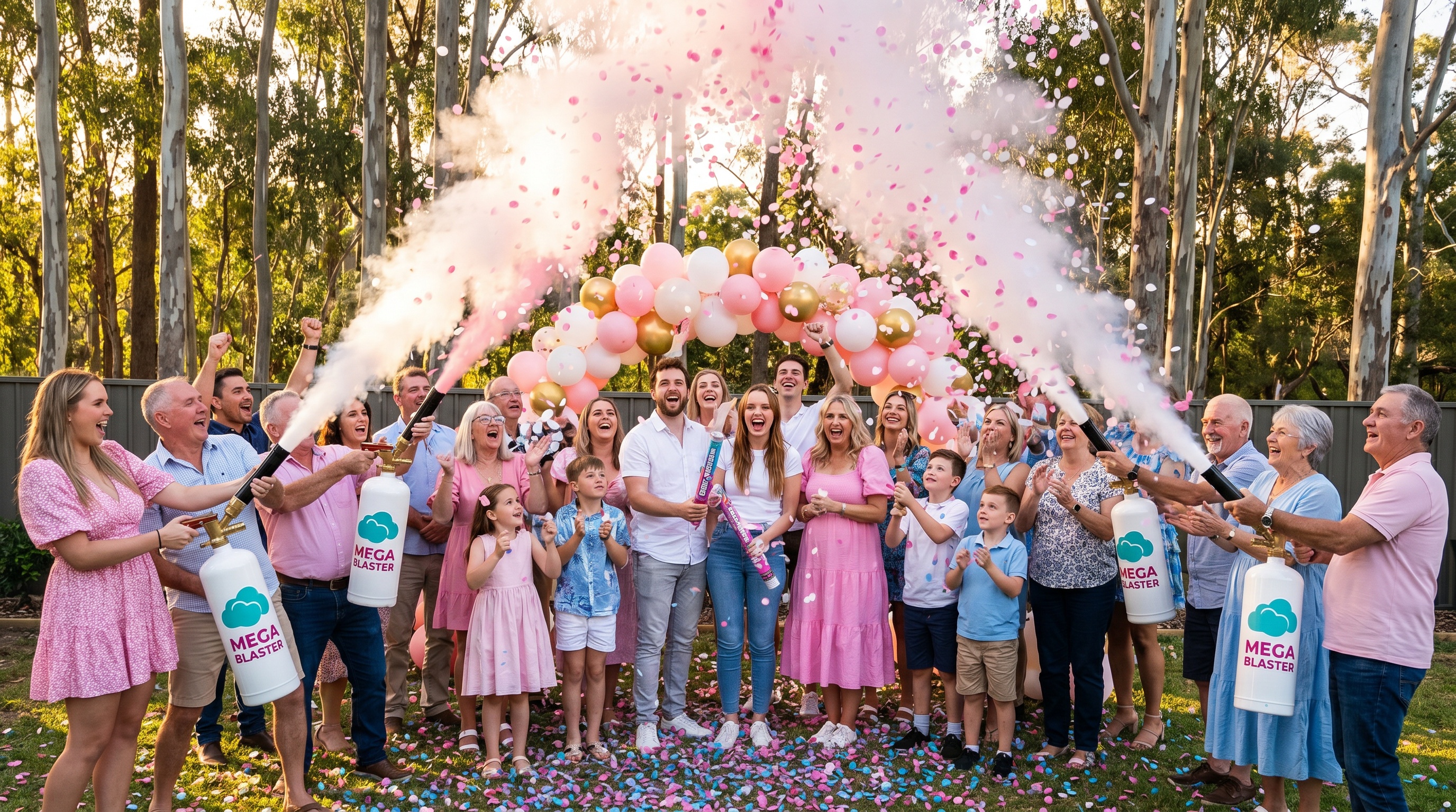 Large Australian family group celebrating gender reveal with multiple confetti cannons creating pink cloud