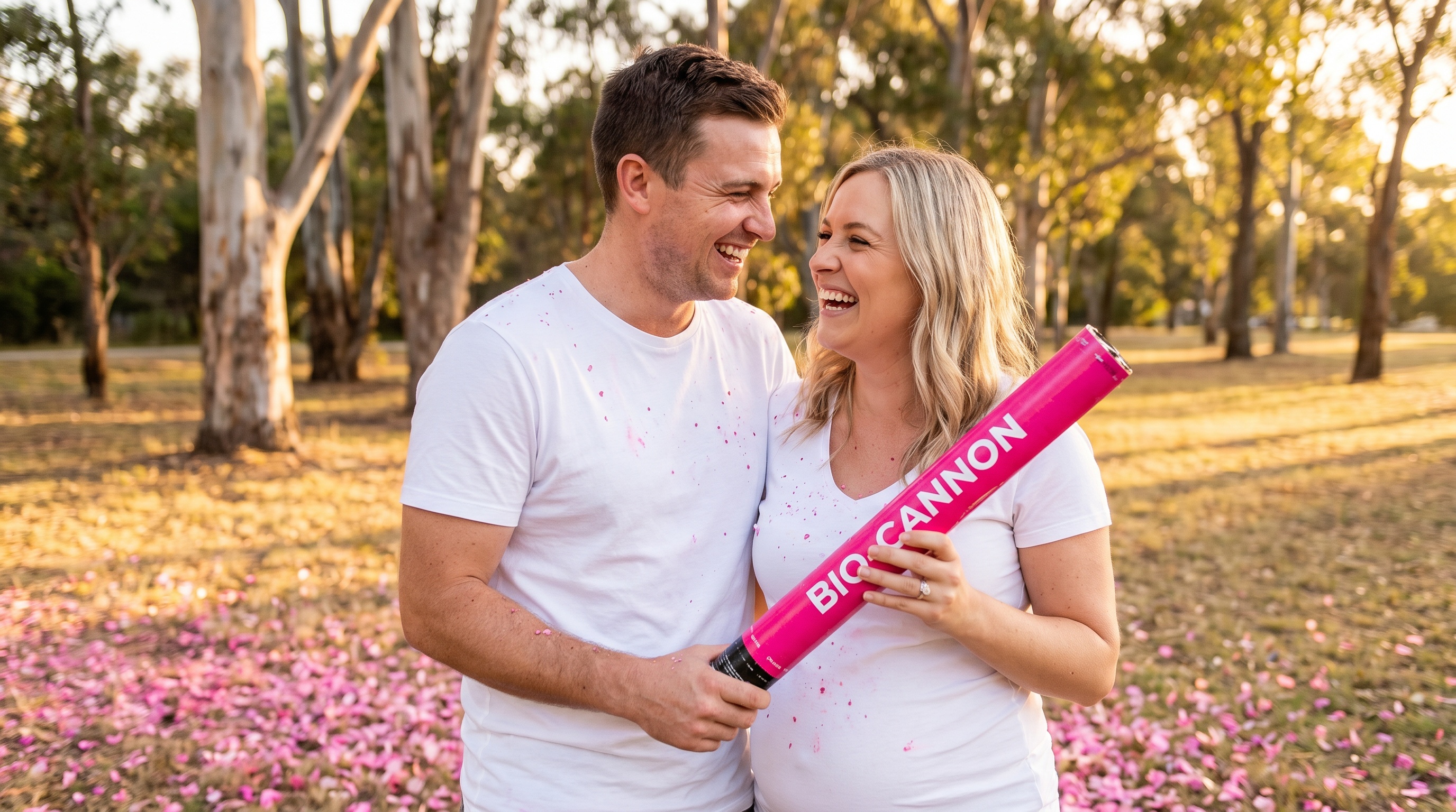 Happy Australian pregnant couple holding used gender reveal cannon after blue confetti explosion in park
