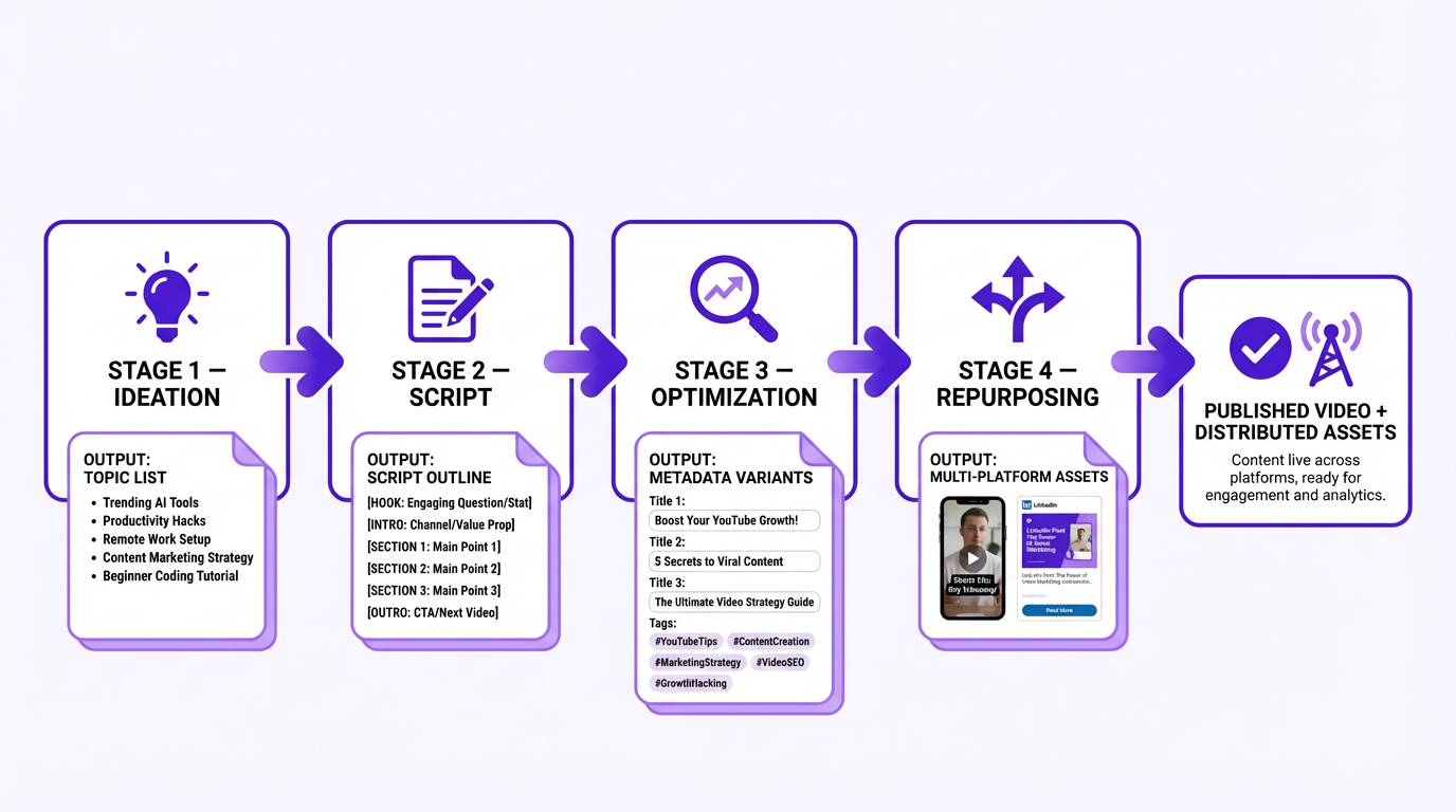 YouTube prompt workflow infographic from idea to repurposed assets