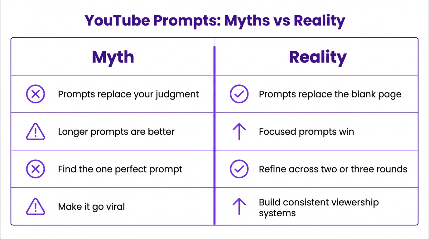 Infographic showing common YouTube prompts misconceptions and the correct framing