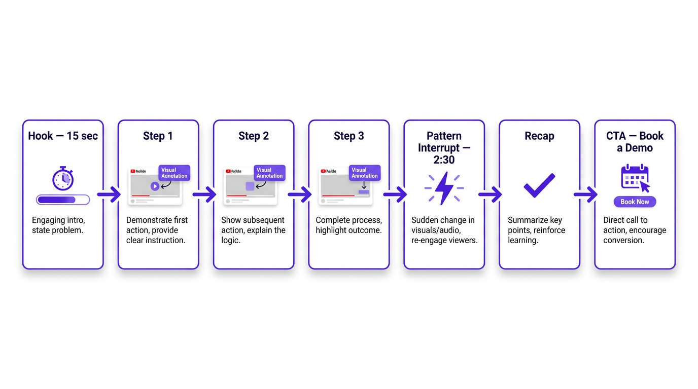 Storyboard-style diagram of a YouTube tutorial script prompt structure