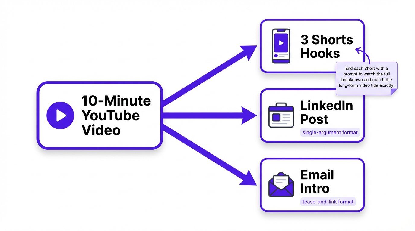 Repurposing outputs infographic for YouTube prompts across Shorts, LinkedIn, and email
