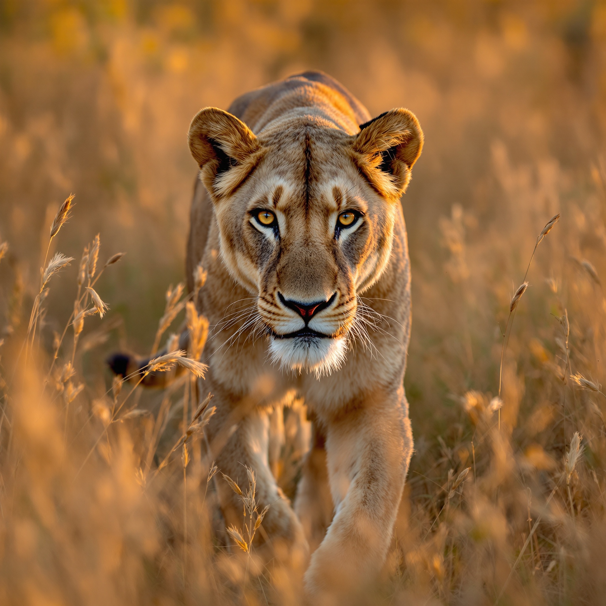 A lioness walking through tall golden savanna grass at sunset, slow-motion, warm backlight, cinematic wildlife documentary style, intimate close-up of her face