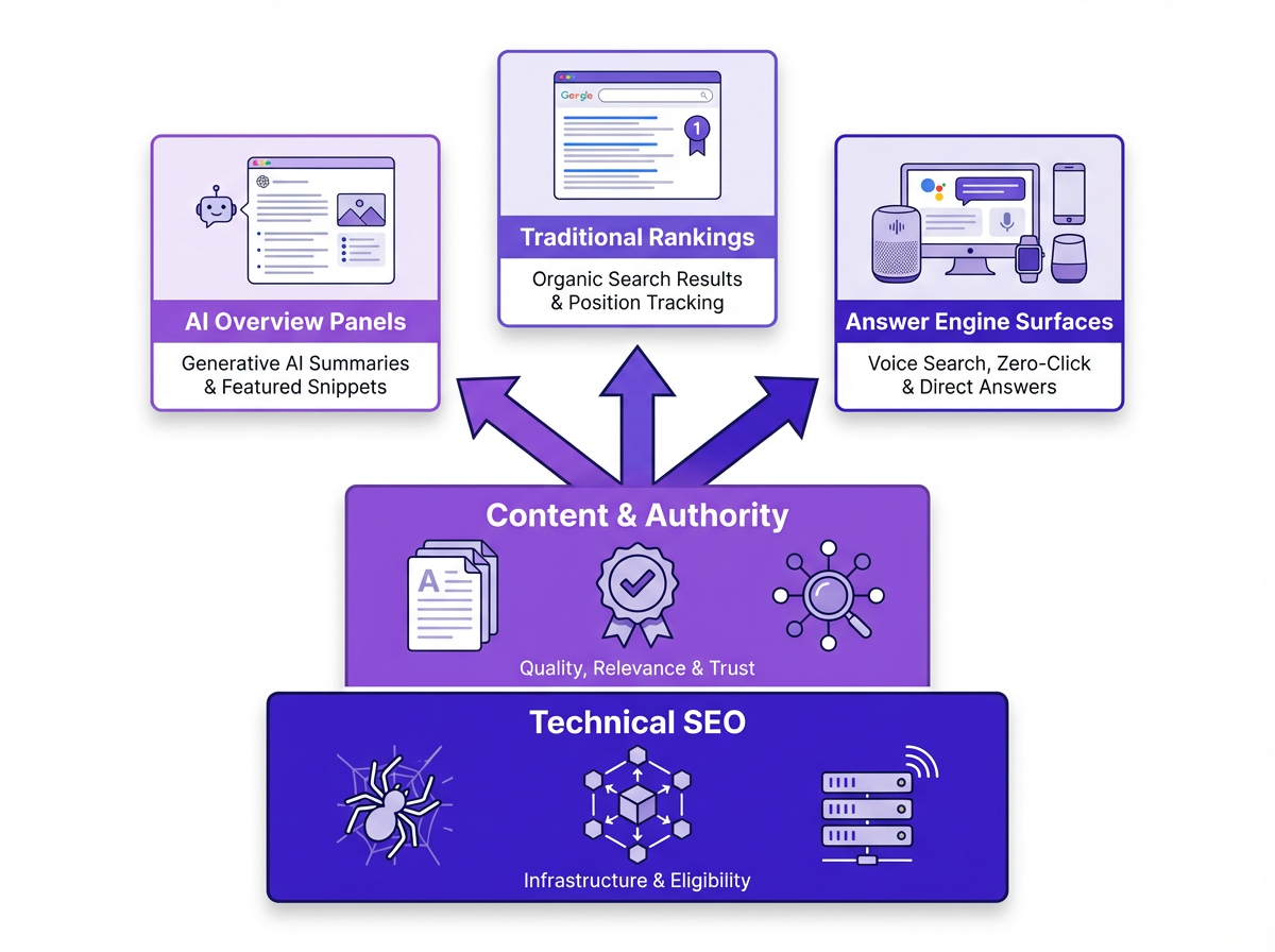 SEO foundation diagram showing crawl, index, and rank layers feeding into AI and answer surfaces