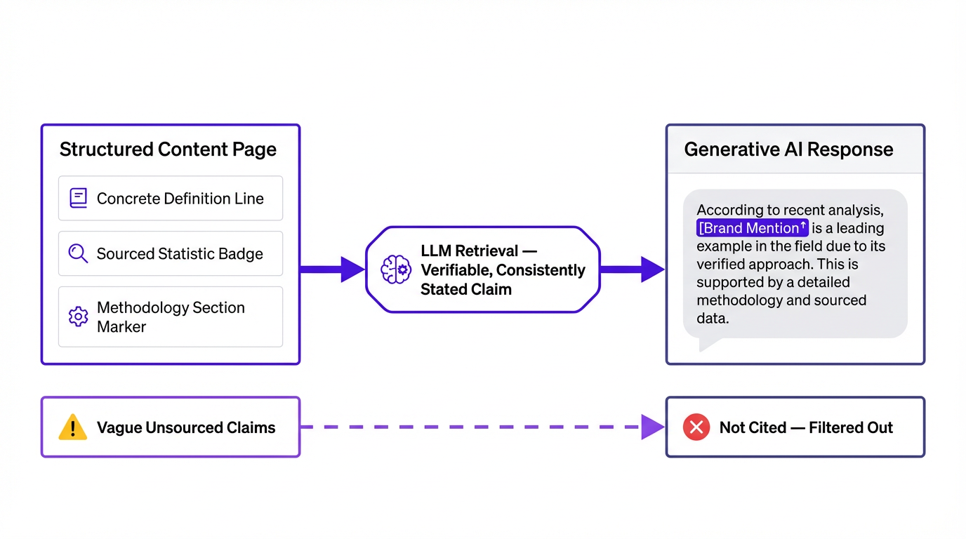 GEO flowchart showing how verifiable structured content earns citations in generative AI responses