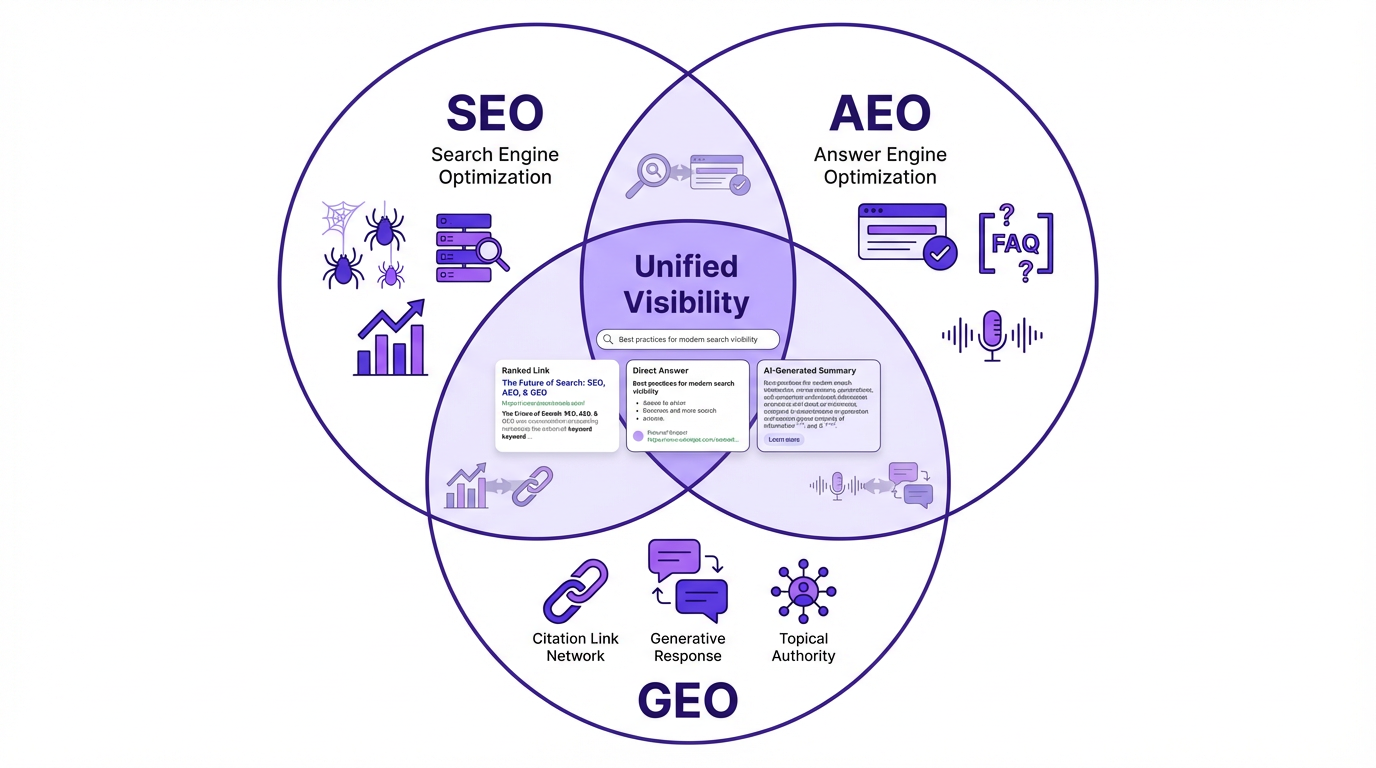 Venn diagram showing convergence of SEO AEO and GEO into a unified search visibility strategy