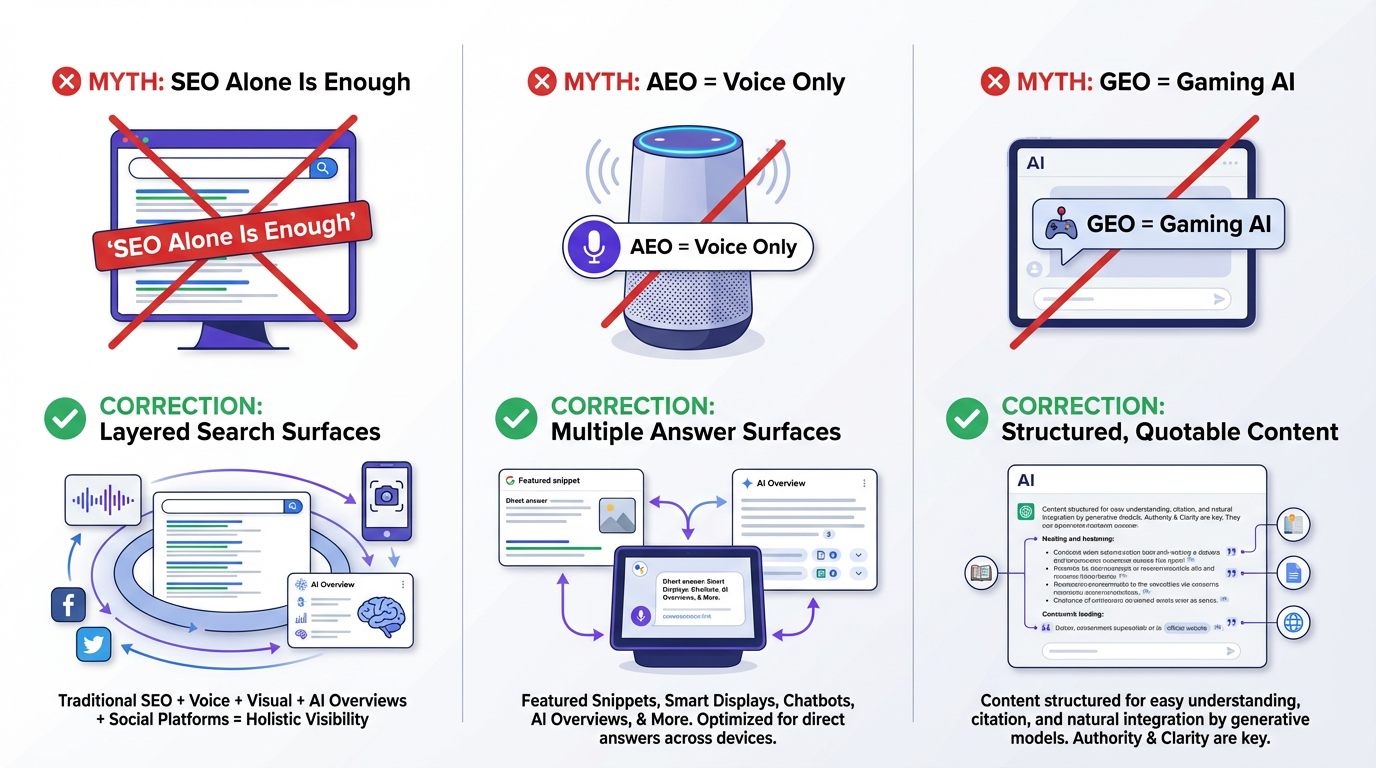 Common misconceptions about GEO AEO and SEO debunked