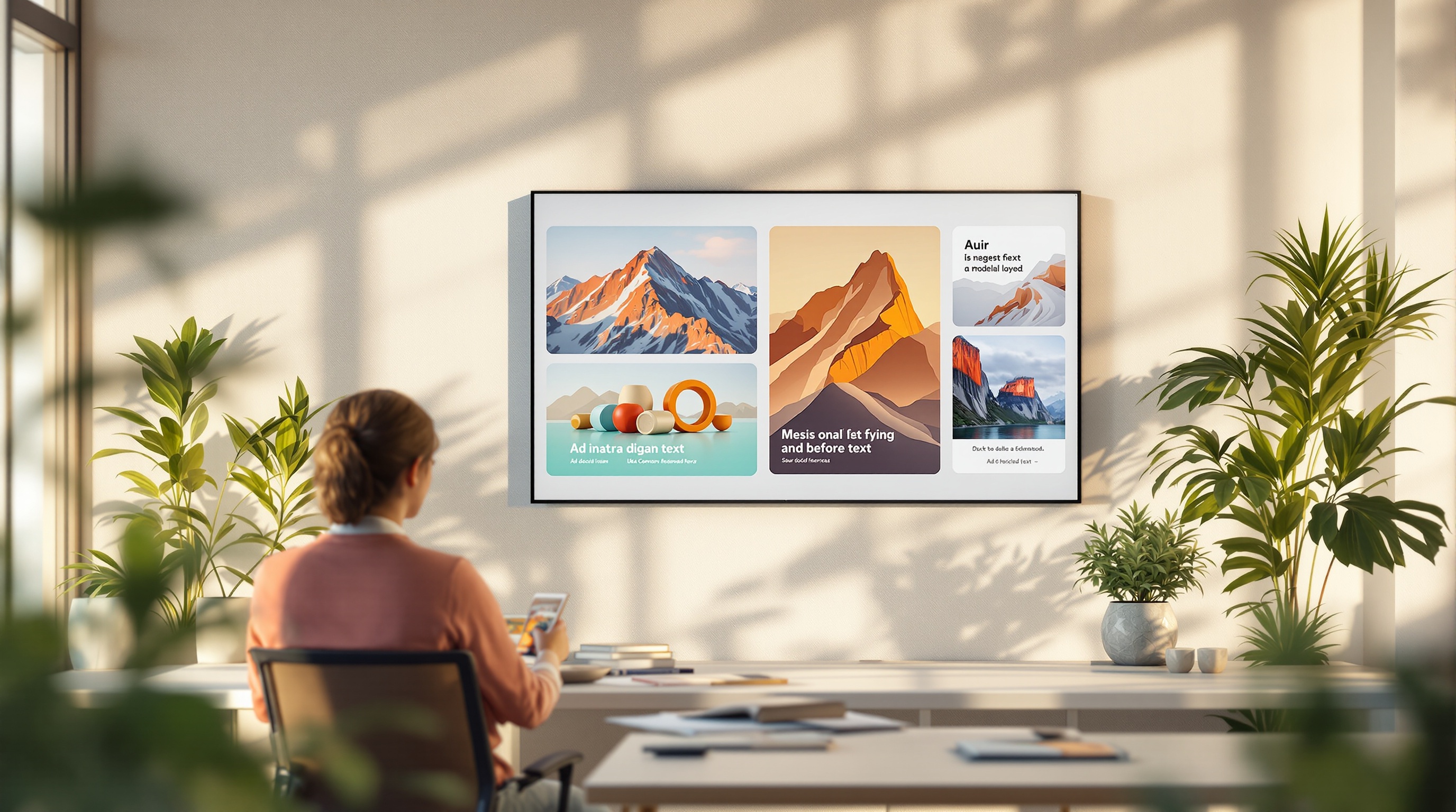 Side-by-side AI image outputs from multiple models including product photo, illustration, ad layout, and landscape