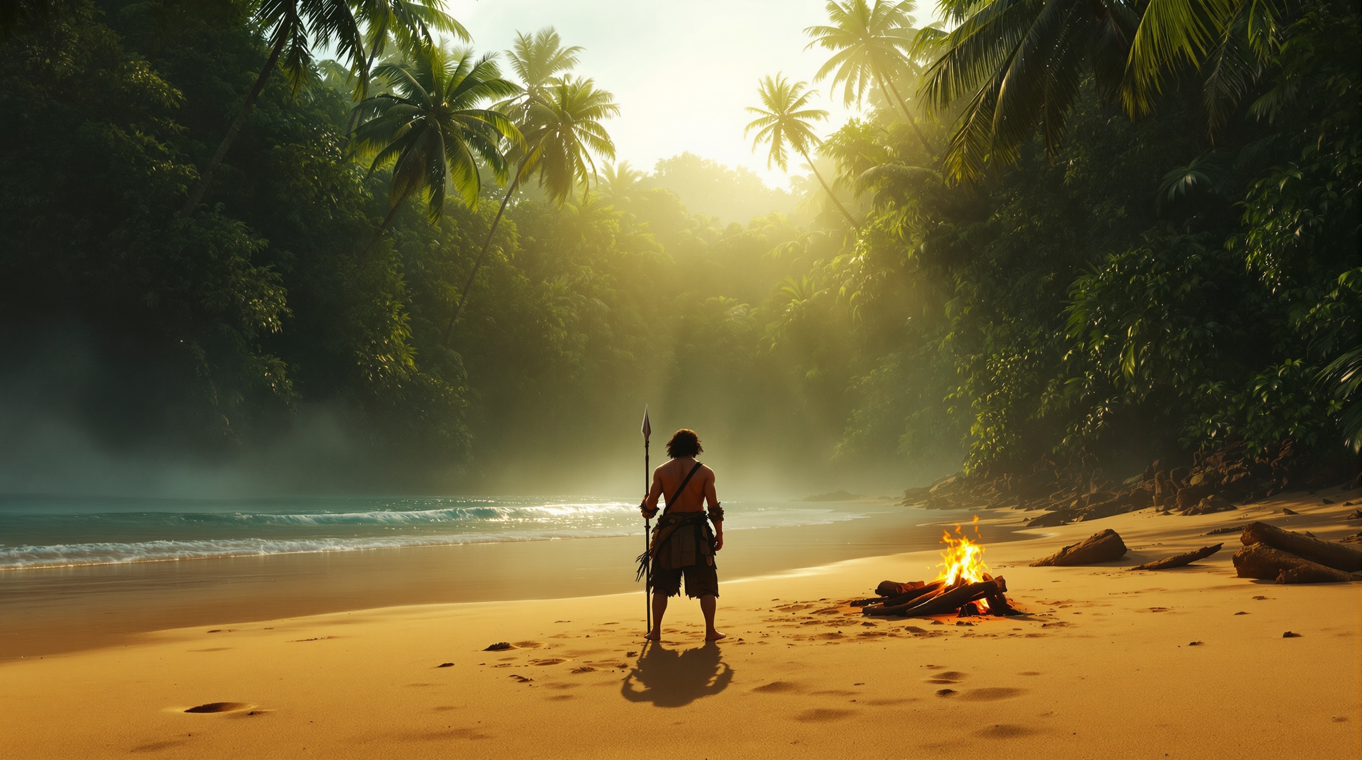 Entorno hiperrealista en Bootstrap Island supervivencia VR, mostrando la playa y la jungla.