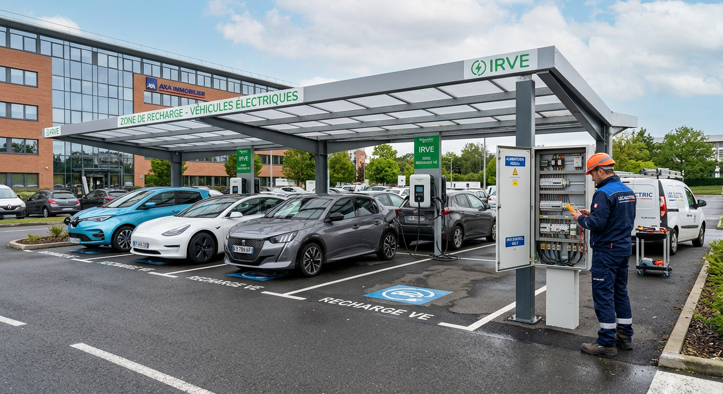 Parking d'entreprise avec plusieurs véhicules en charge sur des bornes de recharge électrique IRVE modernes sous abri et un installateur vérifiant un tableau électrique.