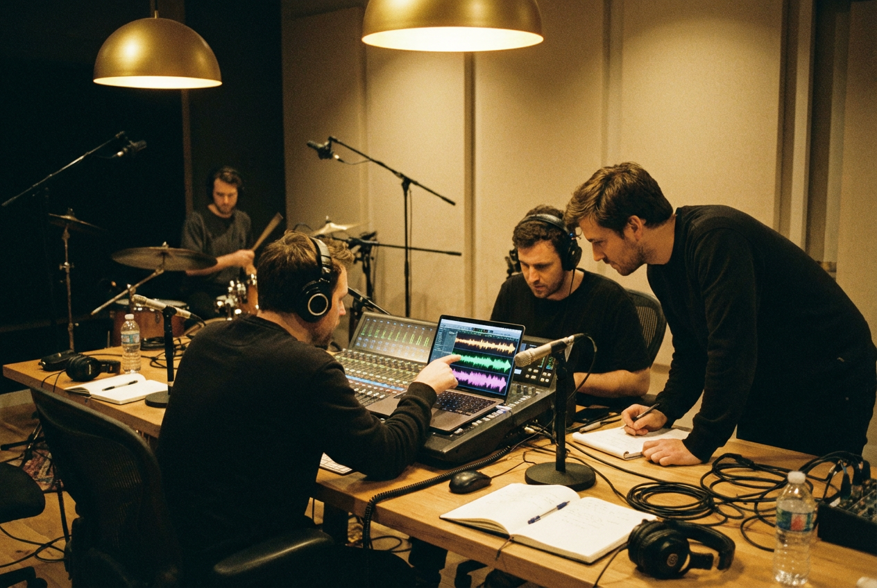 A modern music production studio with multiple musicians collaborating, one person typing on a laptop showing an AI interface while another plays a real drum kit, warm golden studio lighting, microphones and headphones scattered around, the energy is collaborative and focused