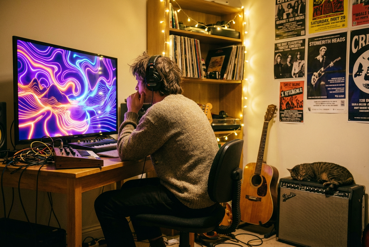 An indie musician in a small bedroom studio looking at a large monitor showing a colorful AI-generated music video scene with abstract neon landscapes, the musician wearing headphones and surrounded by instruments including a keyboard and guitar, fairy lights strung along the wall, a cat sleeping on a nearby amp, the mood is inspired and creative