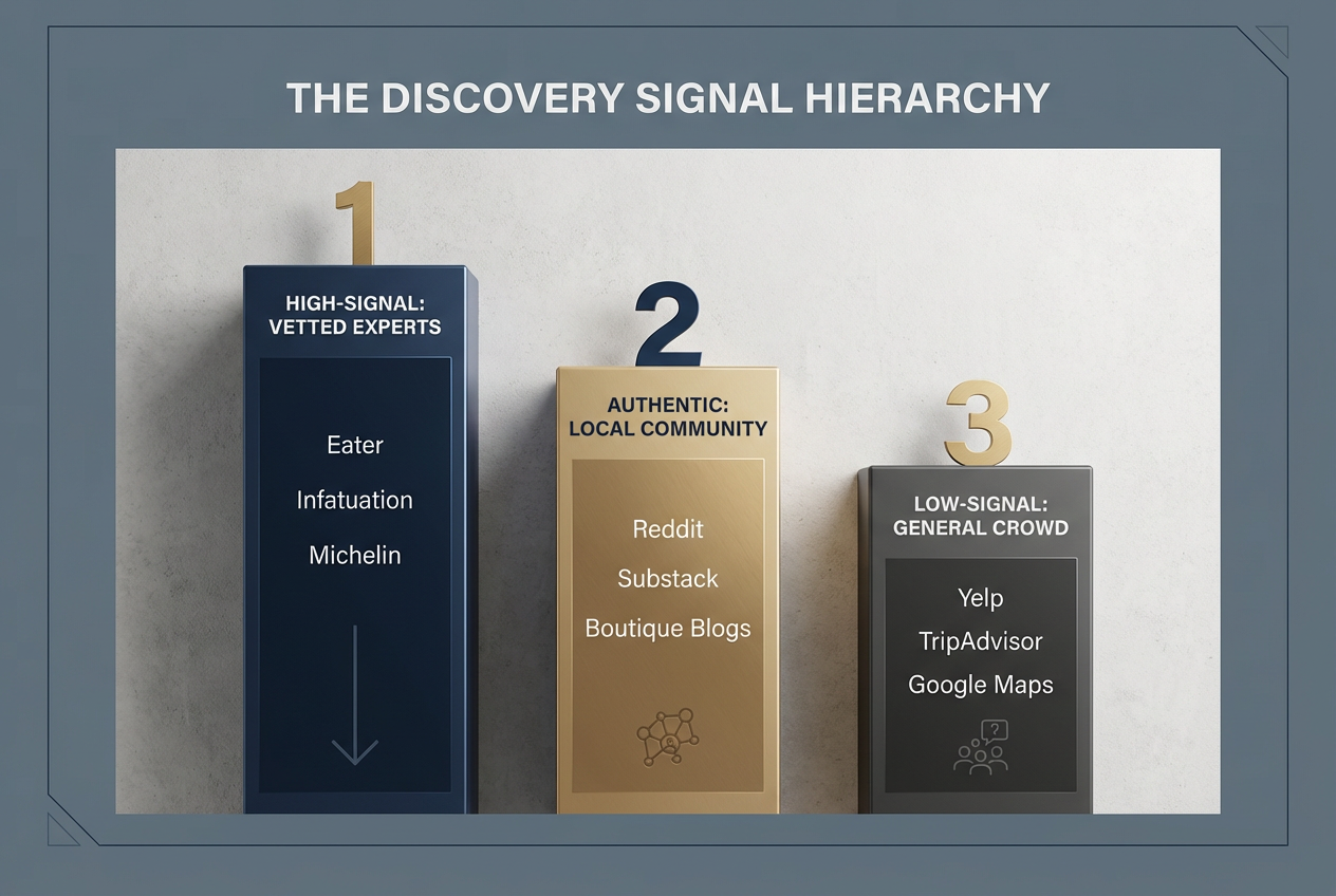 A vertical bar chart comparing dining discovery sources, highlighting high-signal expert vetting over general crowd-sourced review platforms.