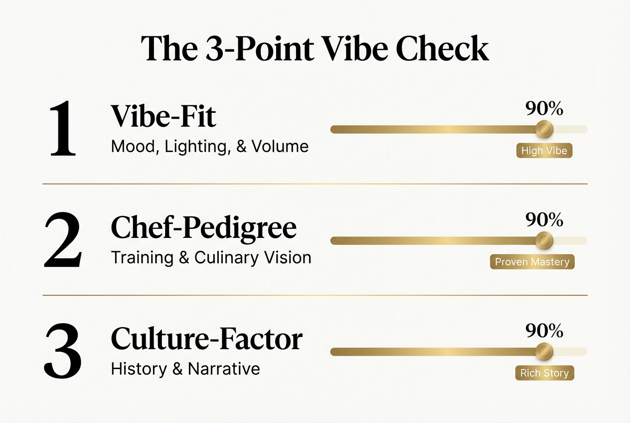 An infographic outlining the three-point check for choosing a restaurant: Vibe-Fit, Chef-Pedigree, and Culture-Factor with progress indicators.