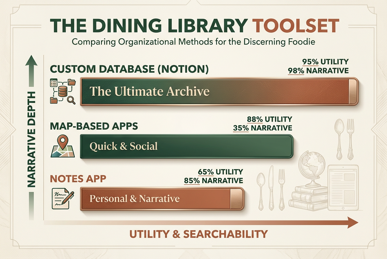A bar chart comparing restaurant tracking tools like Notes Apps, Map Apps, and Databases based on utility and narrative depth.