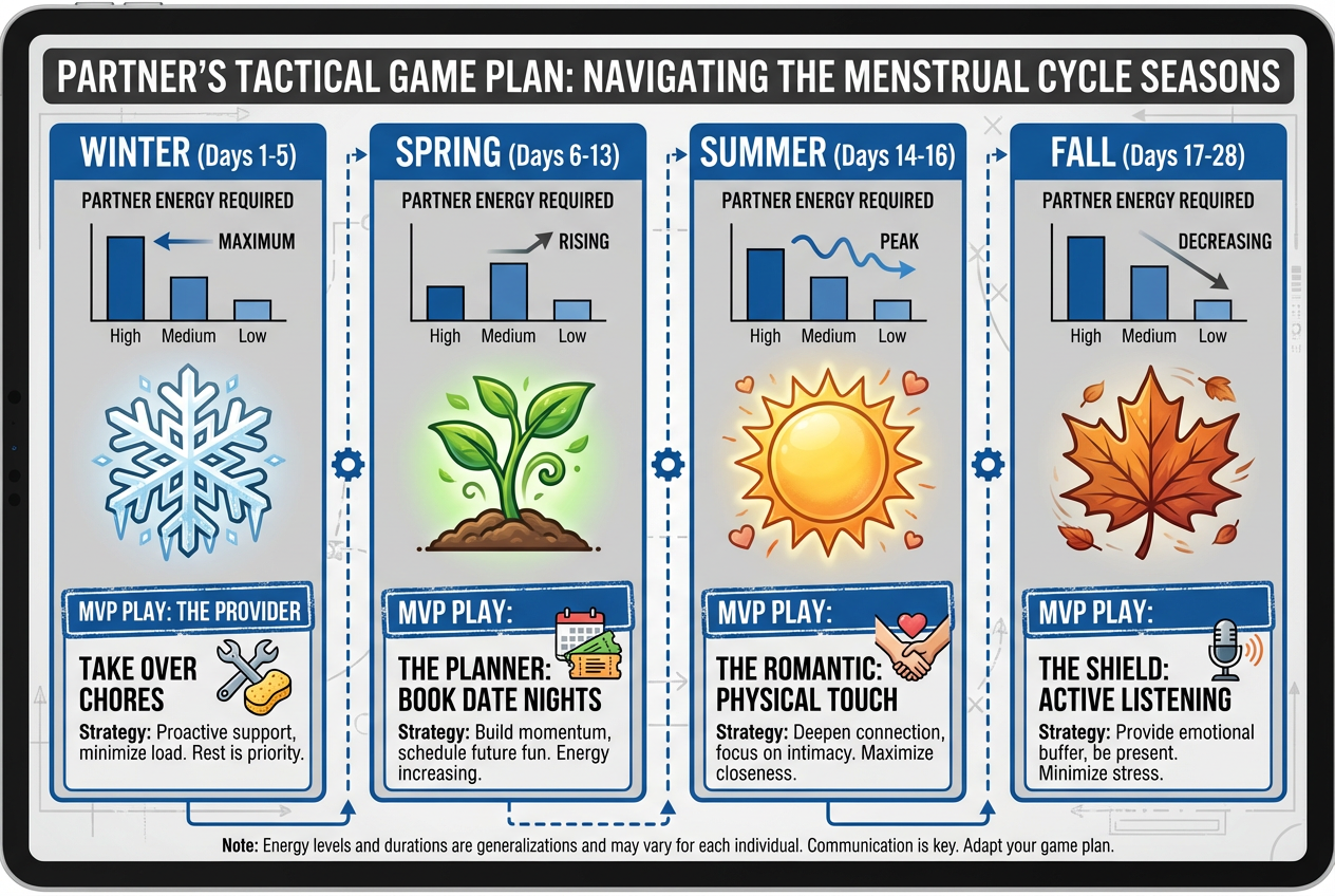 An infographic showing the four seasons of the menstrual cycle for partners, mapping phases to specific support roles like Provider and Shield.