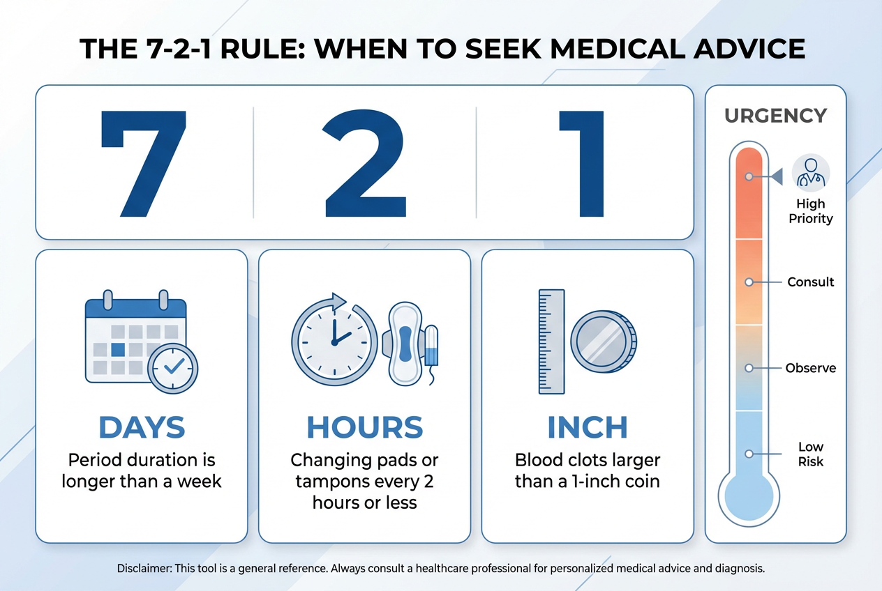 A health infographic for partners explaining the 7-2-1 rule: periods over 7 days, products changed every 2 hours, or 1-inch blood clots.