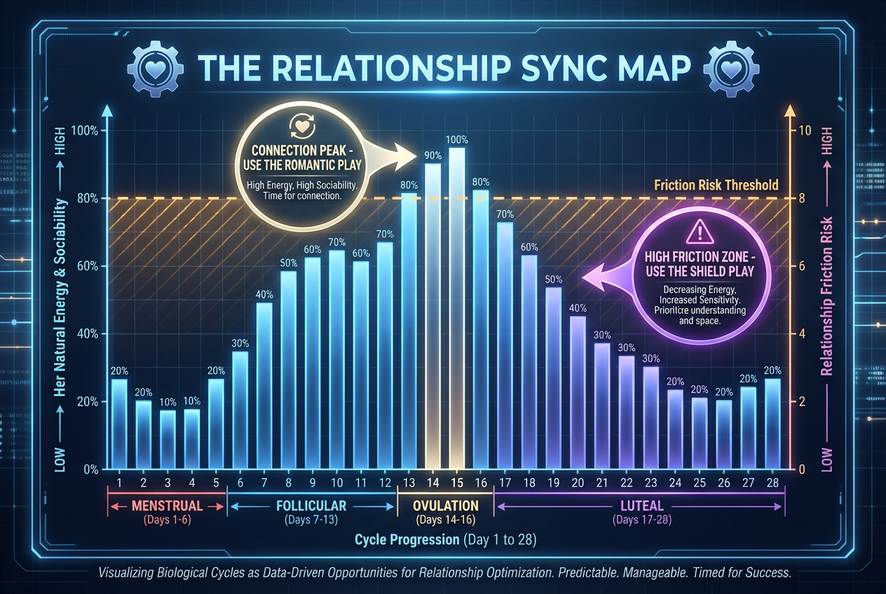 A relationship synchronization chart mapping female energy levels against cycle days to identify high-friction zones and connection peaks for couples.