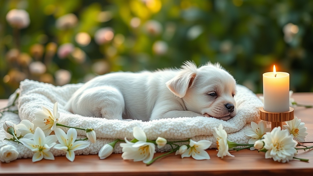 白い子犬がキャンドルと白い花に囲まれて安らかに眠る、ペット火葬を象徴する穏やかで美しい追悼シーン