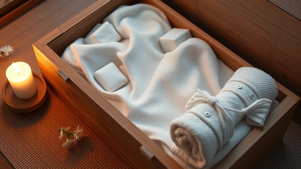ペットの遺体安置用の木箱と白い布、保冷材、ろうそくが置かれた安らかな安置環境
