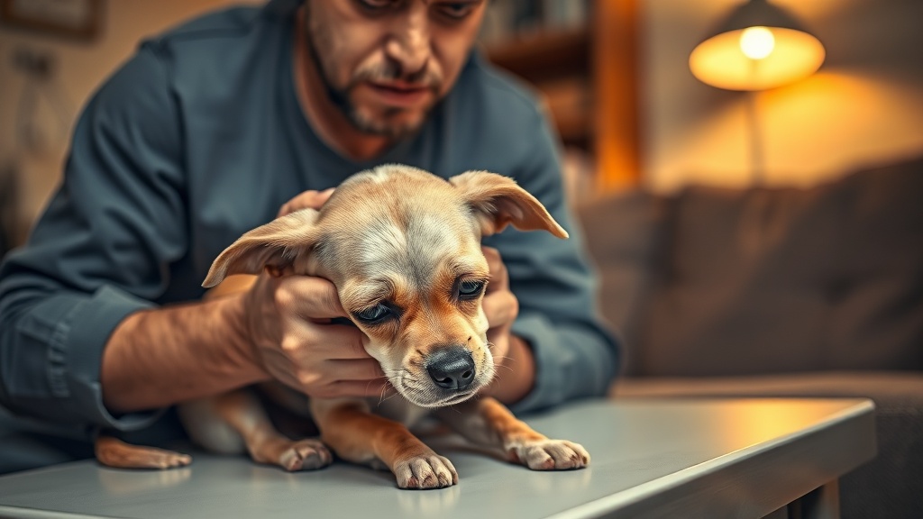 心配そうに小さな犬を優しく抱いて様子を見る飼い主、犬の体調不良を示す温かい室内の光景