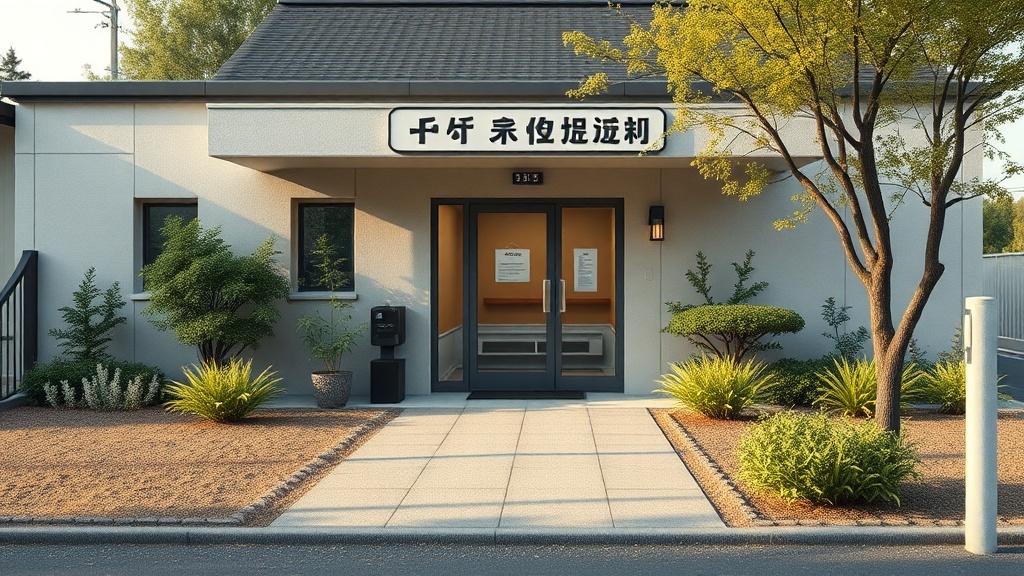 日本のペット火葬施設の外観、現代的な建物と手入れされた庭園、穏やかで品のある入り口