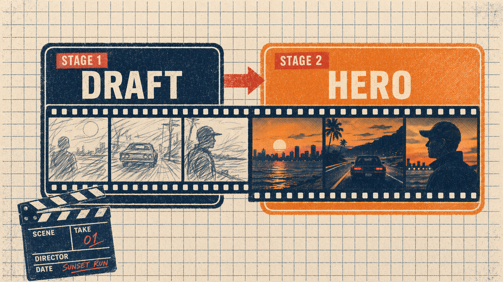 Trailer board with drafts pinned in rows above finals