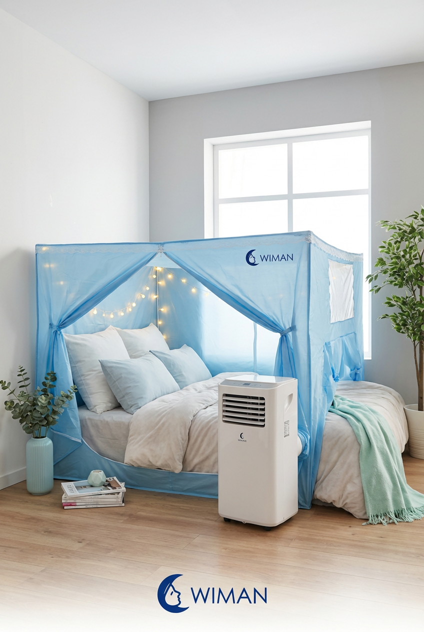 ชุดแอร์เคลื่อนที่ WIMAN Air 9000 BTU พร้อมมุ้งแอร์สีฟ้า