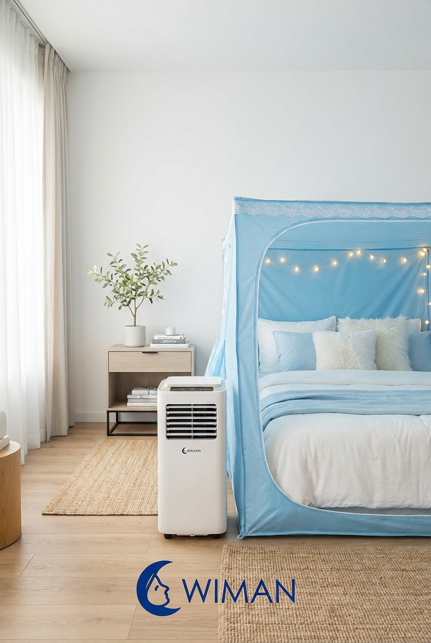 ชุดแอร์เคลื่อนที่ WIMAN 9000 BTU พร้อมมุ้งแอร์สีฟ้า